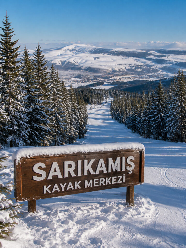 Sarıkamış Kayak Merkezi tabelası ve karla kaplı kayak pisti