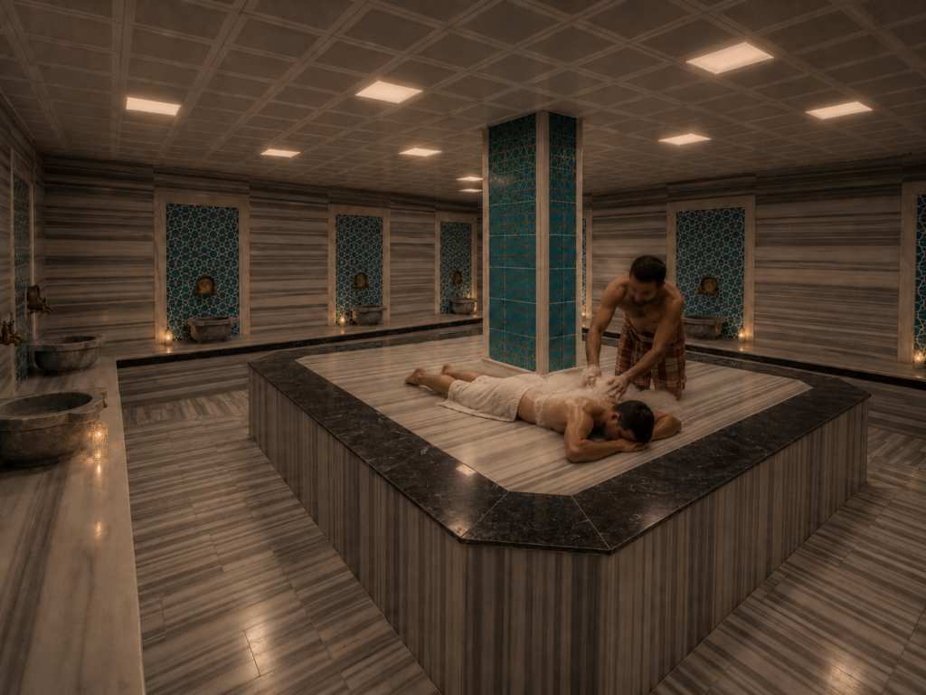 Snow Mount Ski Hotel & SPA Türk hamamında kese uygulaması yapılan mermer dinlenme alanı